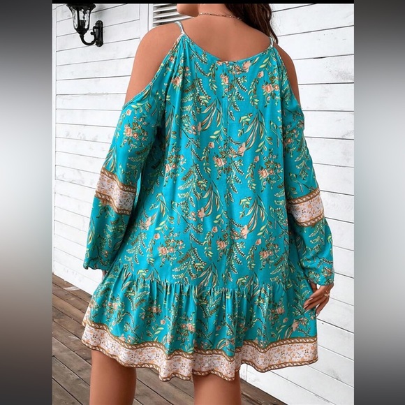 Boho Plus Floral Print Cold Shoulder Tassel Tie Ruffle Hem Dress - Picture 3 of 5